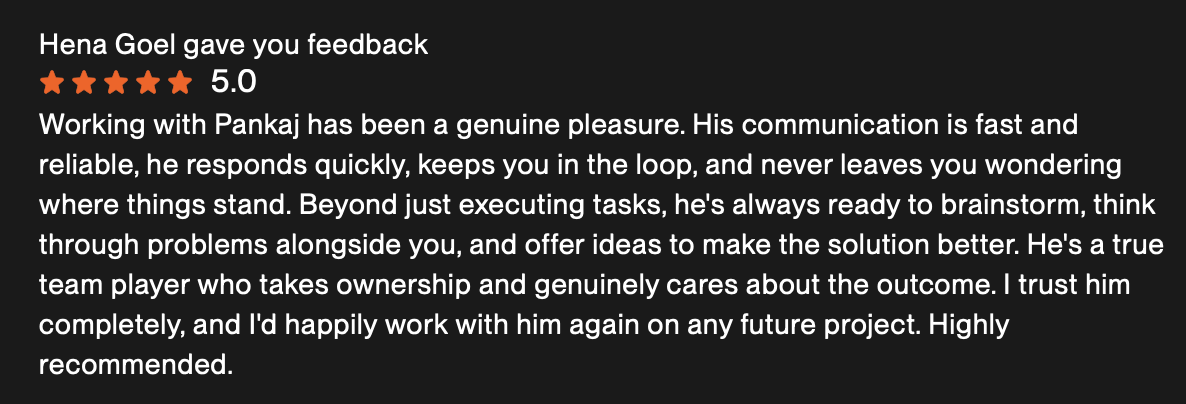 Screenshot of a five star Upwork review from Hena Goel, founder of DentiLoop